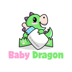 A CUTE BABY DRAGON IS BRINGING A BIG BOTTLE OF MILK PREMIUM CARTOON LOGO.
