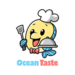 A CUTE YELLOW FISH IS WEARING A CHEF HAT AND SERVING A PLATE OF FOOD. PREMIUM CARTOON LOGO.