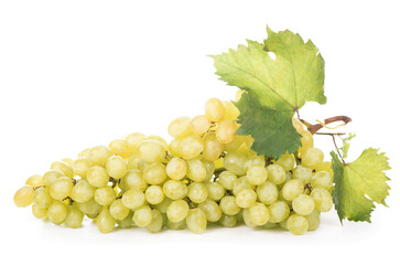 Grape cluster with leaves isolated on the white background