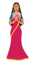Beautiful Indian woman in traditional clothes. Hindu lady with hands putted together wearing sari. Vector illustration in flat style