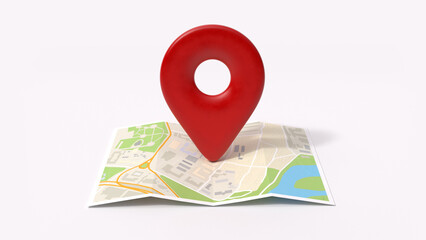 Pin location icon on the paper map, 3d render