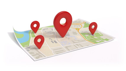 Pin location icons on the paper map, 3d render