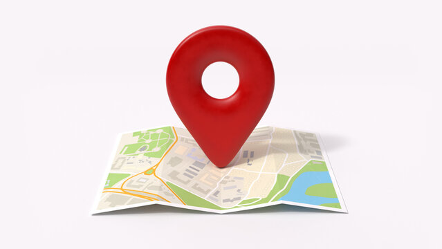Pin location icon on the paper map, 3d render