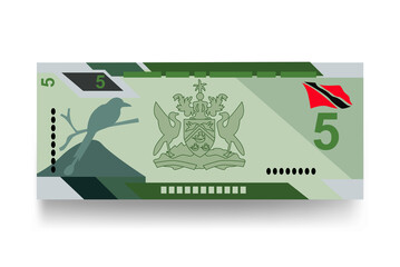 Trinidad and Tobago dollar Vector Illustration. Trinidad and Tobago money set bundle banknotes. Paper money 5 TTD. Flat style. Vector illustration.
