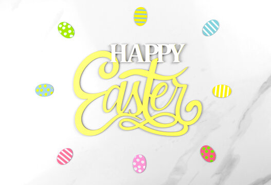 Colorful easter eggs with happy easter text. Holiday decoration background with copy space, flat lay, top view photo