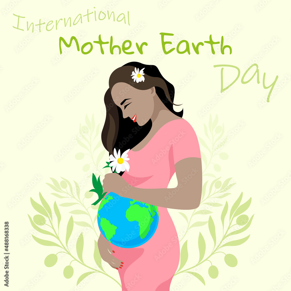 Wall mural The figure of a pregnant swarthy woman with a globe on a light background with olive branches for Mother Earth Day