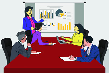 Businesswoman presentation on the board and discussion of the project in business meeting. Vector flat style illustration.
