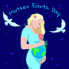 Poster with a figure of a blonde pregnant woman with a globe and doves against the background of the starry sky for Mother Earth Day