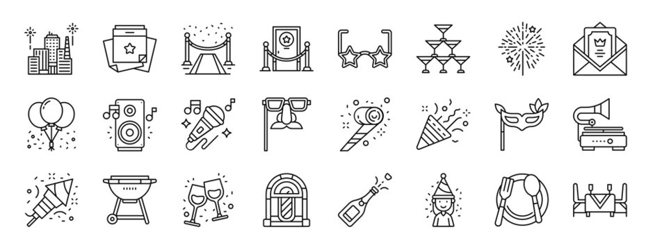 set of 24 outline web party icons such as city, event, red carpet, vip room, party glasses, pyramid, fireworks vector icons for report, presentation, diagram, web design, mobile app