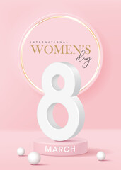 Women's day banner for product demonstration. Pink pedestal or podium with number 8 on pink background.