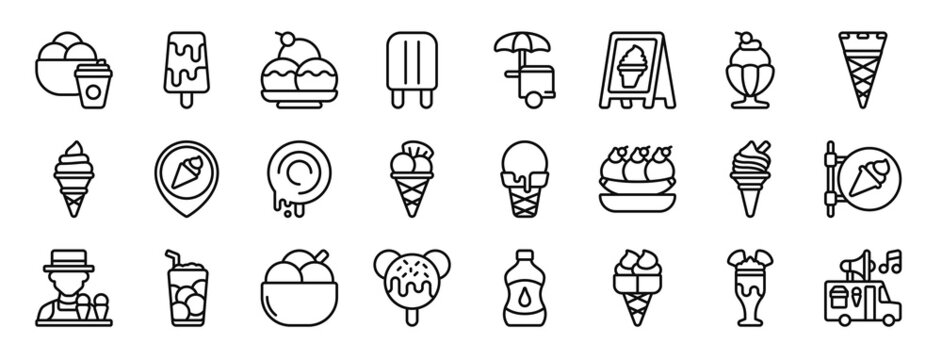 set of 24 outline web ice cream icons such as ice cream, ice lolly, cream, lolly, cart, shop, sundae vector icons for report, presentation, diagram, web design, mobile app