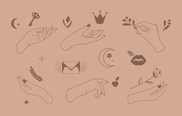 Set of minimal boho linear symbols. Beautiful female hands. Modern collection, female hands, moon, key, heart, plants, flowers, lips, crown and envelope with wings.