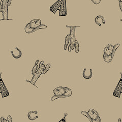 Cowboy West all over print, with cactus and cowboy hat seamless pattern