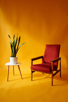 red chair and green plant, white table, yellow background