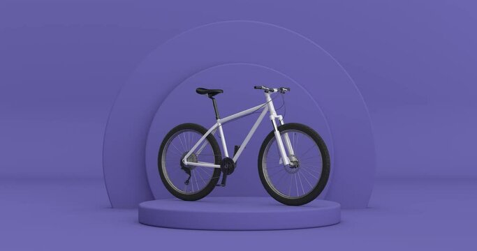 4k Resolution Video: Black and White Mountain Bike Rotating over Violet Very Peri Cylinders Products Stage Pedestal on a Violet Very Peri background loop animation
