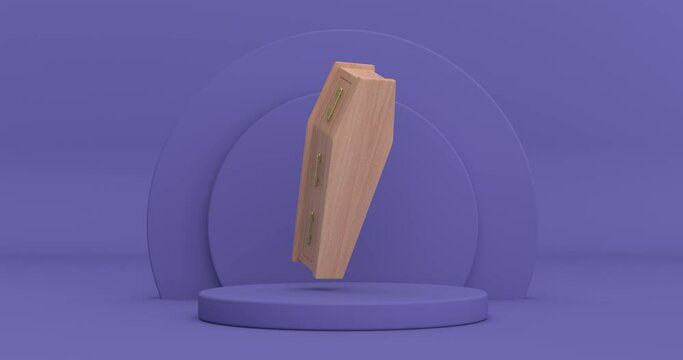 4k Resolution Video: Wooden Coffin With Golden Cross and Handles Rotating over Violet Very Peri Cylinders Products Stage Pedestal on a Violet Very Peri background loop animation
