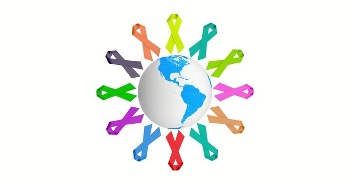 4k Resolution Video: World Cancer Day Concept. Colorful Ribbons Rotating around Earth Globe on a white background loop animation
