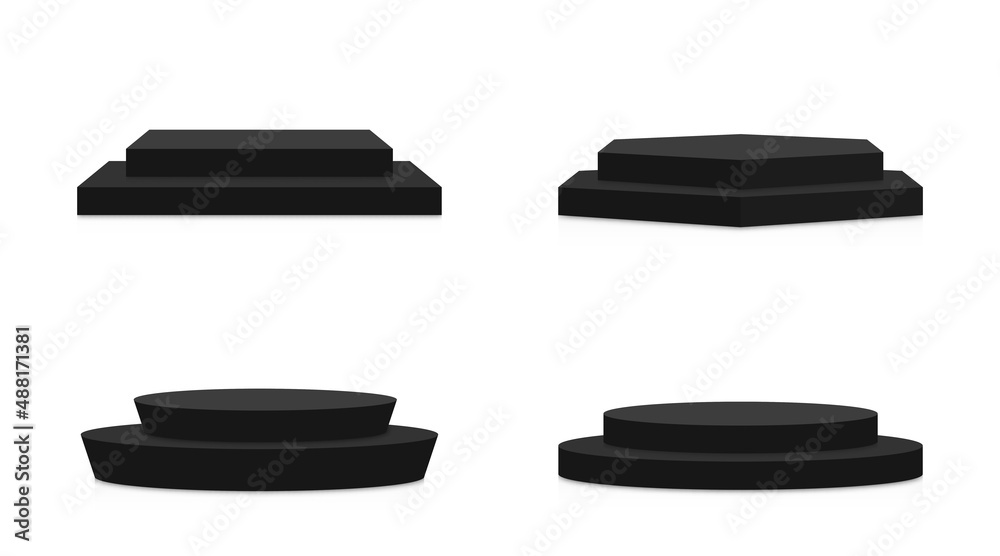Poster black podium mockup in round and square shapes. collection of pedestal, stage and platform mockups o