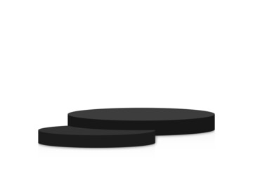 Black podium mockup in circle shape. Empty black stage and pedestal mockup on white background. Round podium, stand and platform for award ceremony and product presentation. Vector