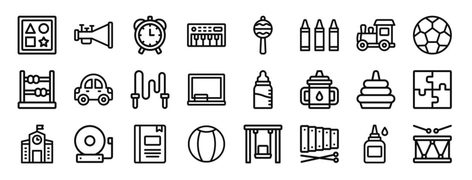 set of 24 outline web kindergarten icons such as shape toy, et, clock, piano, rattle, crayons, toy train vector icons for report, presentation, diagram, web design, mobile app
