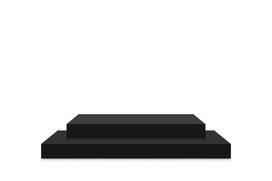Black podium mockup in square shape. Empty black stage and pedestal mockup on white background. Square podium, stand and platform for award ceremony and product presentation. Vector