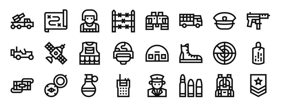 set of 24 outline web military icons such as launcher, map, soldier, barbed wire, binoculars, truck, hat vector icons for report, presentation, diagram, web design, mobile app