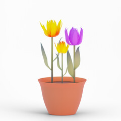 Illustration with three tulips in a flower pot, 3d rendering.