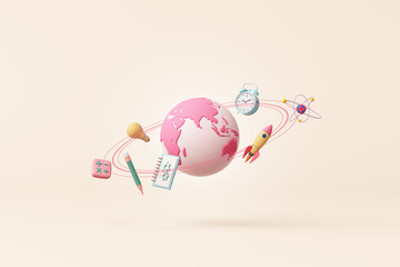 education or business connected world technology pink pastel. globalization globe internet rocket spaceship science time clock ideas imagination pencil maths bulb saturn ring orbit. 3D illustration.