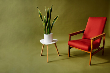 Fototapeta premium red chair and green plant on white table, olive green background