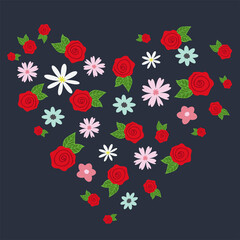 Heart shape filled with different flowers isolated on navy blue background. Vector illustration for print, cover, poster, Valentine's day, Mother's day, banner, sale.