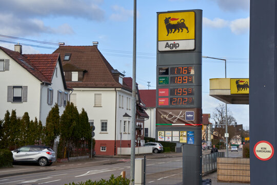 Price board of high expensive gasoline and fuel prices in the city. Agip (tankstelle) company in Kirchheim, Germany 2022.