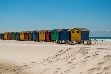 Muizenberg beach with colorful cabins in Cape Town, South Africa