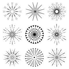 Festive fireworks black lines collection. Set of explosion rays design elements. Abstract burst contour firecracker pattern. Jpeg illustration