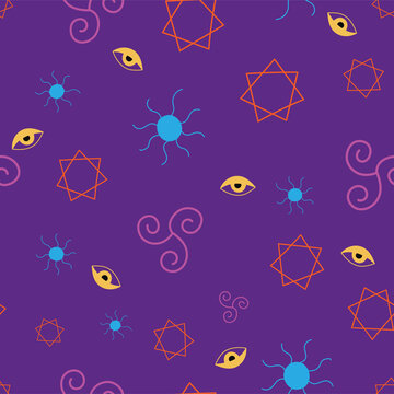 Esoteric seamless pattern with hand drawn magic symbols on purple background.
