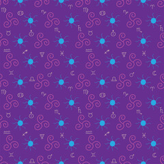 Esoteric seamless pattern with hand drawn magic symbols and zodiac signs on purple background.