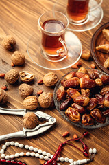 Dates, rosaries and baklava. Ramadan Selective focus