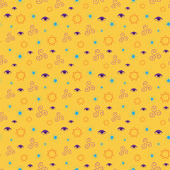 Esoteric seamless pattern with hand drawn magic symbols on yellow background.