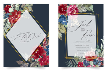Watercolor invitation Card design with burgundy and red roses, leaves. flower, Blue background with floral elements