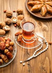 Dates, rosaries and baklava. Ramadan Selective focus