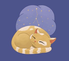 Cute zodiac with animal. Childish sweet dreams illustration with cute animal character - cat sleeping near the clouds with stars and constellation of Cancer. Cartoon illustration in pastel colors.