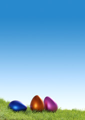 Three Easter eggs on a grass background, Easter concept, 3d rendering