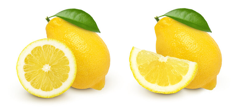 Ripe lemon fruit and sliced with leaves isolated on white background, Fresh and Juicy Lemon.