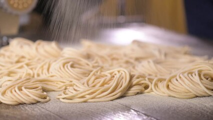 Professional chef works in kitchen of Italian cuisine restaurant and prepares homemade handmade spaghetti. cook sprinkles flour on fresh raw noodles from dough. pasta maker