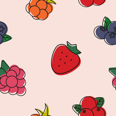 Seamless pattern with cute berries icons line art style 
for background or wrapping paper