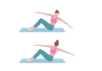 Woman doing exercises. woman in a pink shirt and blue Long legs. for doing twist-body-and-rotation-arm. Fitness and health concepts. Isolated vector illustration in cartoon style.