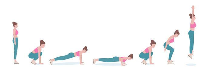 Woman doing exercises. woman in pink shirt and a blue Long legs. Step by step instruction for doing Between Burpee & Push-up. Isolated vector illustration in cartoon style. Fitness and health concept
