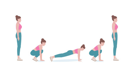 Woman doing exercises. woman in pink shirt and a blue Long legs. Step by step instruction for doing Burpee Push-up. Isolated vector illustration in cartoon style. Fitness and health concepts.