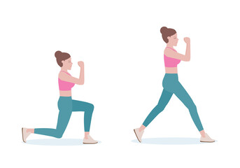 Women doing exercises. Woman in a pink shirt and blue Long legs. Women showing step for healthy lunges workout, health concept. Isolated vector illustration in cartoon style.