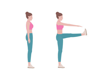 Woman doing exercises.  Benefits, doing walking high kicks about abs and glutes & hip flexors and also involves calves and hamstrings. Fitness and health concepts. Vector illustration in cartoon style