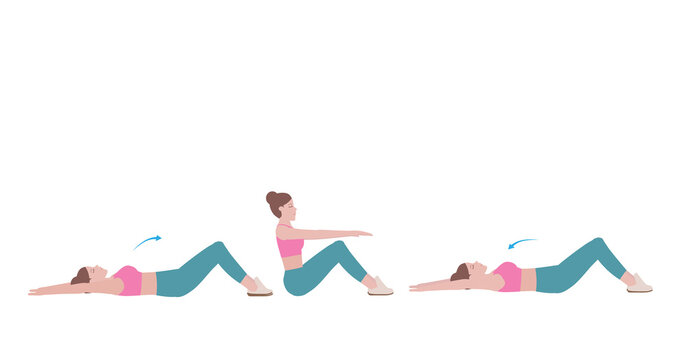 Woman doing exercises a dumbbell. woman in pink shirt and a blue Long legs.  Step by step instruction for doing Side Lateral Raise Shoulder pose.  Cartoon style. Fitness and health concepts. Stock
